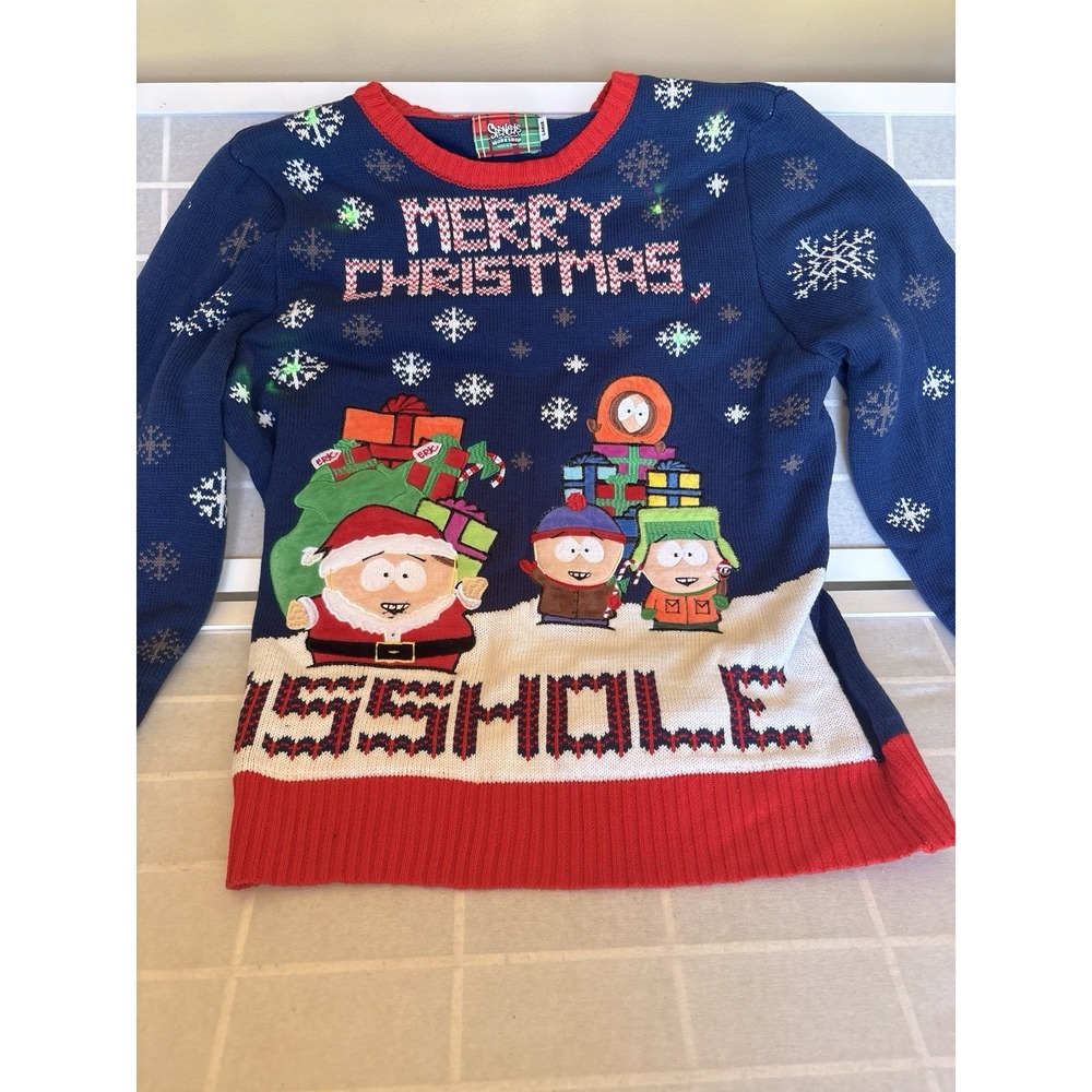 South Park Sweater 💡Light Up Sz L Blue Embroidered Merry Christmas Ugly Crew